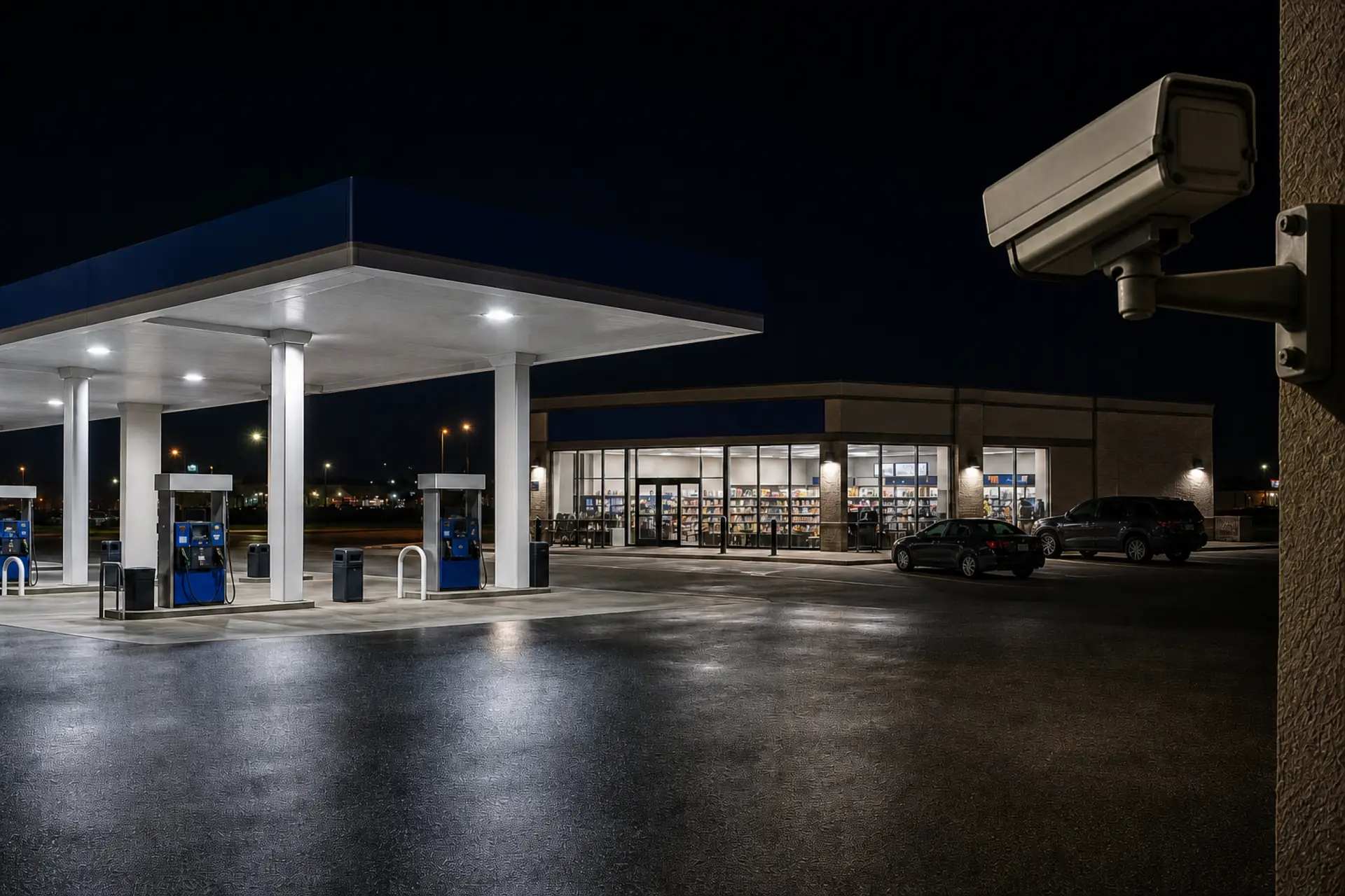 Empty commercial forecourt at night with practical site lighting and a security camera